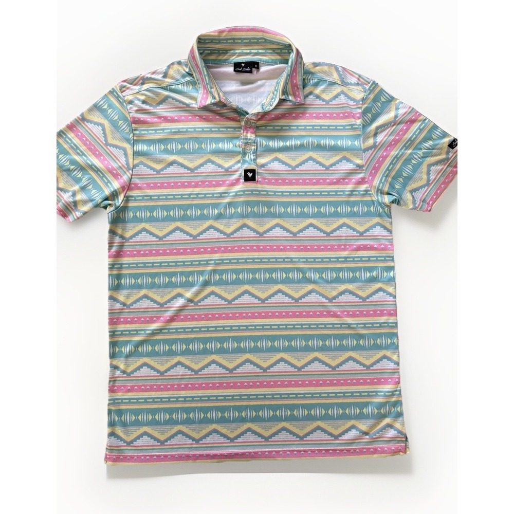 Bad Birdie Polo Shirt Mens Size Medium Pastel Aztec Southwestern Print Made USA